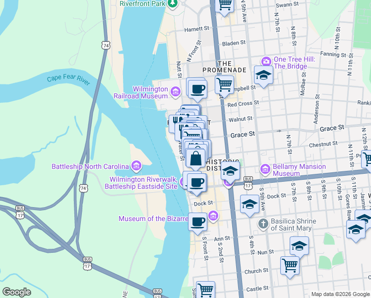 map of restaurants, bars, coffee shops, grocery stores, and more near 112 North Water Street in Wilmington