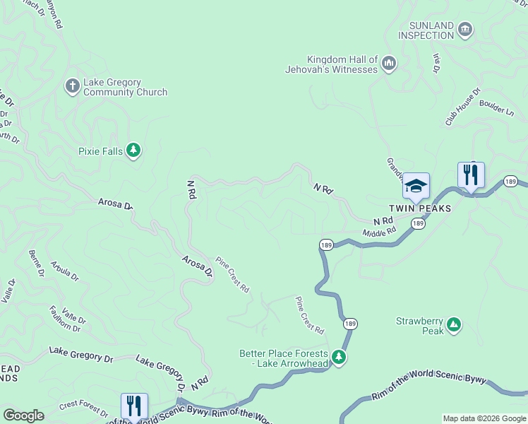 map of restaurants, bars, coffee shops, grocery stores, and more near 25555 Mid Lane in Twin Peaks