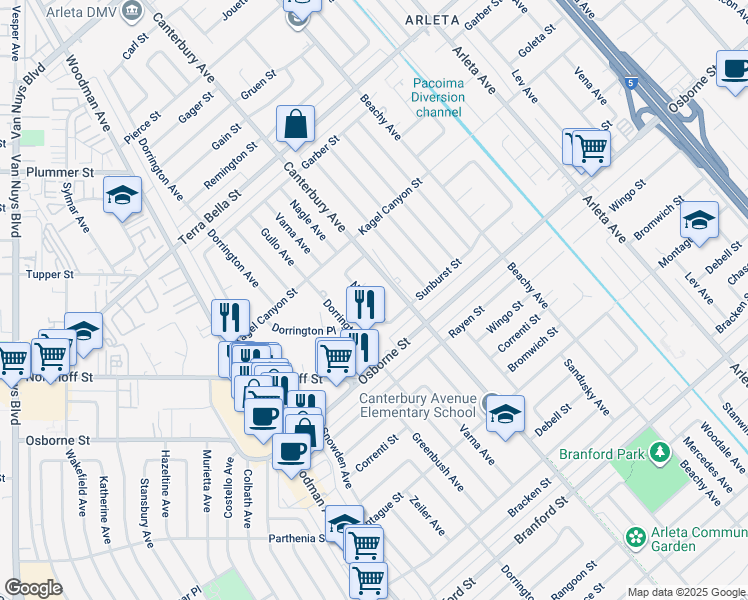 map of restaurants, bars, coffee shops, grocery stores, and more near 13835 Kamloops Street in Los Angeles