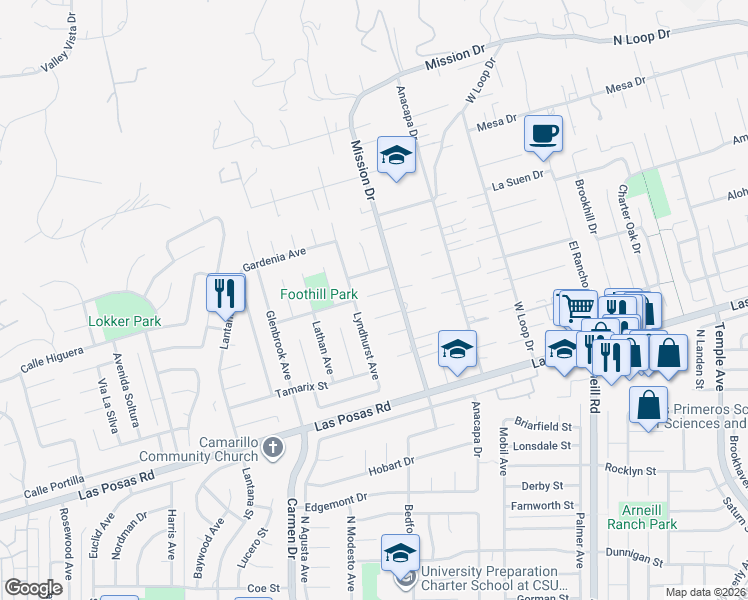 map of restaurants, bars, coffee shops, grocery stores, and more near 75 Neish Street in Camarillo