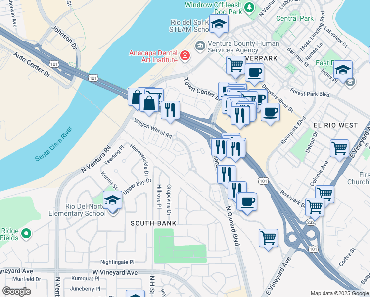 map of restaurants, bars, coffee shops, grocery stores, and more near 611 Winchester Drive in Oxnard