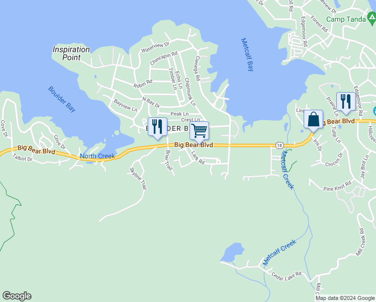 map of restaurants, bars, coffee shops, grocery stores, and more near 39290 Lark Road in Big Bear Lake