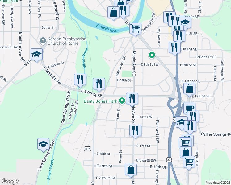 map of restaurants, bars, coffee shops, grocery stores, and more near 1014 Walnut Avenue Southeast in Rome