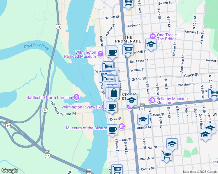 map of restaurants, bars, coffee shops, grocery stores, and more near 201 North Front Street in Wilmington