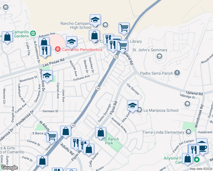 map of restaurants, bars, coffee shops, grocery stores, and more near 4485 Romero Place in Camarillo