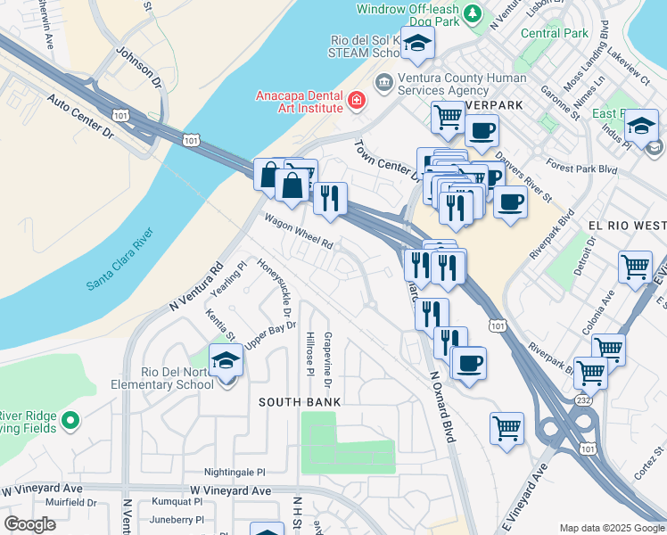 map of restaurants, bars, coffee shops, grocery stores, and more near 561 Winchester Drive in Oxnard