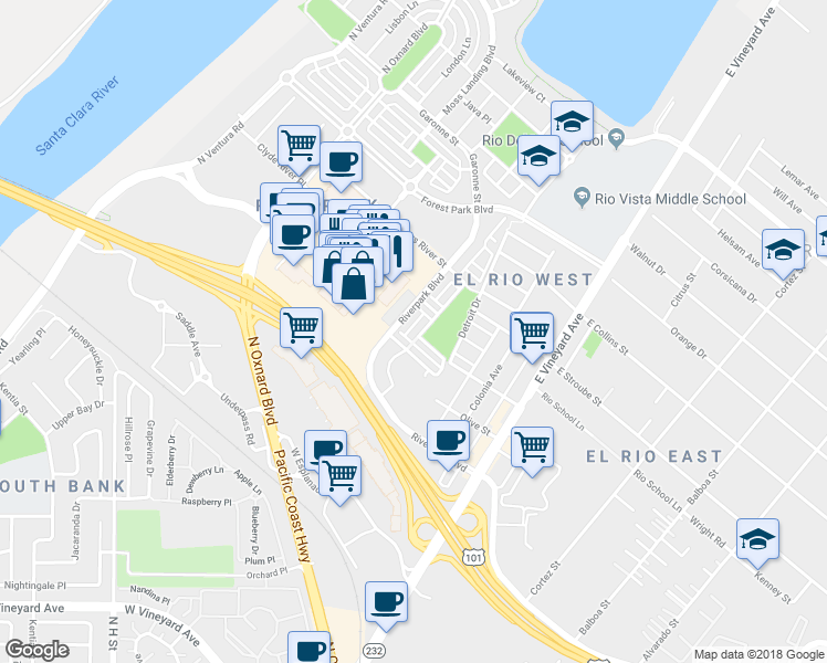 map of restaurants, bars, coffee shops, grocery stores, and more near 361 American River Court in Oxnard
