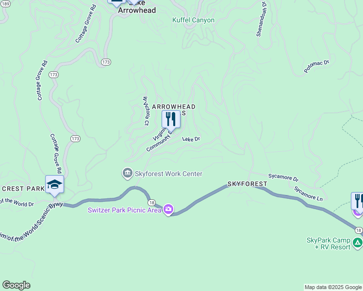 map of restaurants, bars, coffee shops, grocery stores, and more near 848 Oakmont Lane in Lake Arrowhead