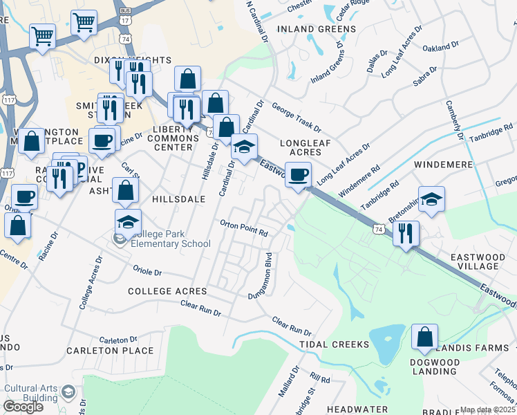 map of restaurants, bars, coffee shops, grocery stores, and more near 5209 Old Garden Road in Wilmington