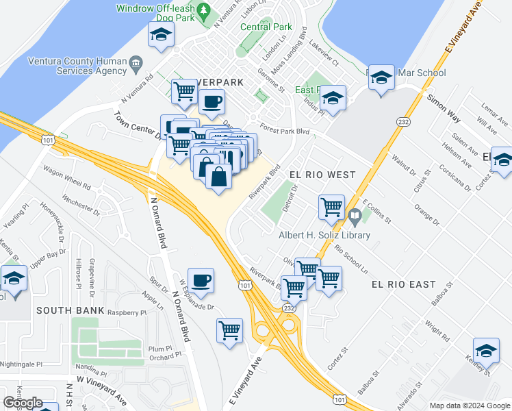 map of restaurants, bars, coffee shops, grocery stores, and more near 2715 Smoky Mountain Drive in Oxnard