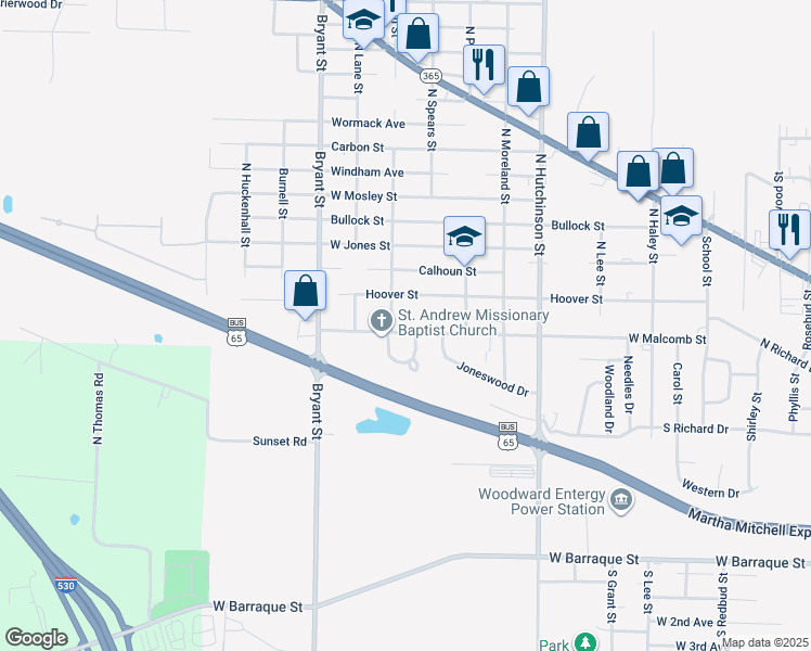 map of restaurants, bars, coffee shops, grocery stores, and more near 5 West Millaway Drive in Pine Bluff