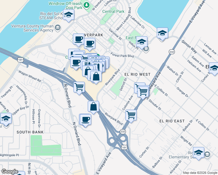 map of restaurants, bars, coffee shops, grocery stores, and more near 2715 Smoky Mountain Drive in Oxnard