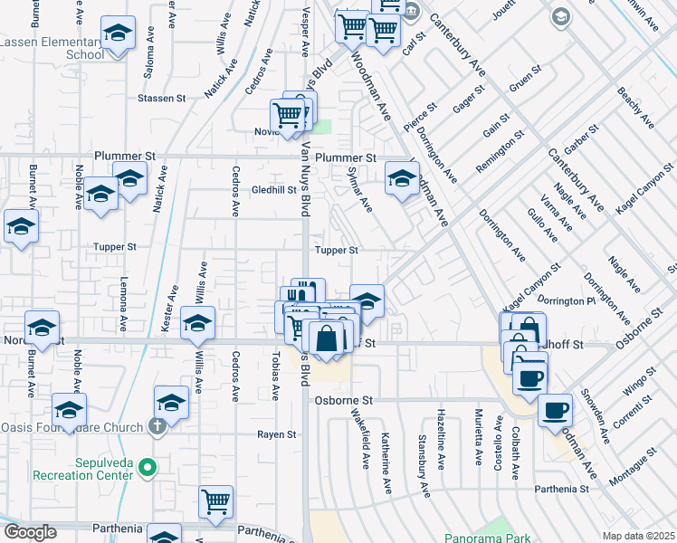 map of restaurants, bars, coffee shops, grocery stores, and more near 9201 Wakefield Avenue in Los Angeles