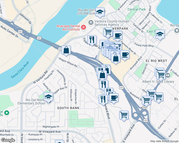 map of restaurants, bars, coffee shops, grocery stores, and more near 321 Cactus Drive in Oxnard