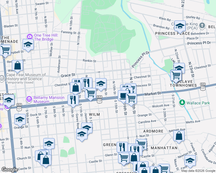 map of restaurants, bars, coffee shops, grocery stores, and more near 1410 Princess Street in Wilmington