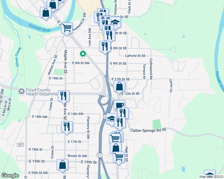 map of restaurants, bars, coffee shops, grocery stores, and more near 520 East 12th Street Southeast in Rome