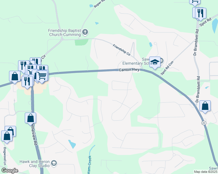 map of restaurants, bars, coffee shops, grocery stores, and more near 2020 Sunrise Circle in Cumming