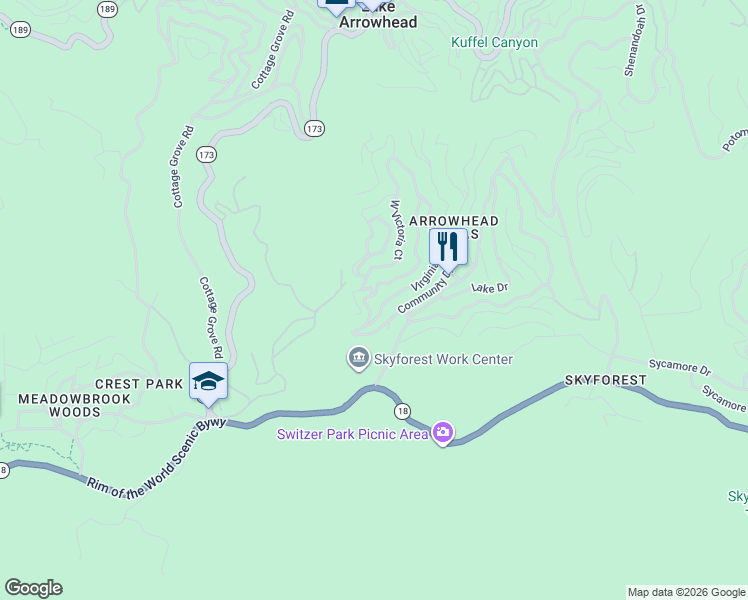 map of restaurants, bars, coffee shops, grocery stores, and more near 833 East Victoria Court in Lake Arrowhead