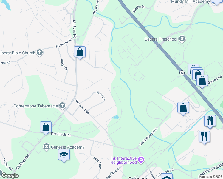map of restaurants, bars, coffee shops, grocery stores, and more near 4079 Brock Drive in Oakwood