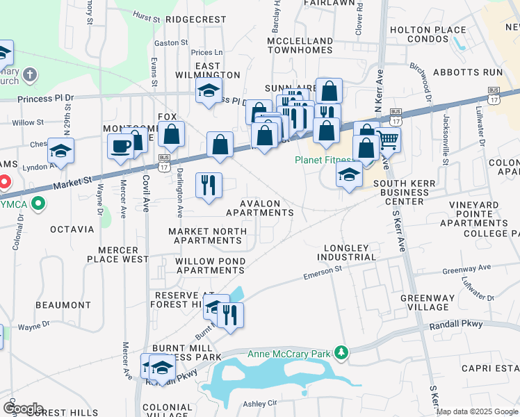 map of restaurants, bars, coffee shops, grocery stores, and more near 327 Guinevere Lane in Wilmington