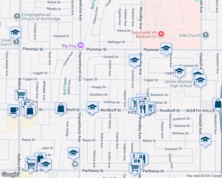map of restaurants, bars, coffee shops, grocery stores, and more near 9226 Gothic Avenue in Los Angeles