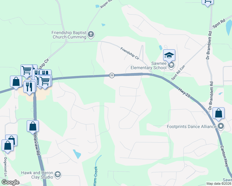 map of restaurants, bars, coffee shops, grocery stores, and more near 2050 Sunrise Circle in Cumming