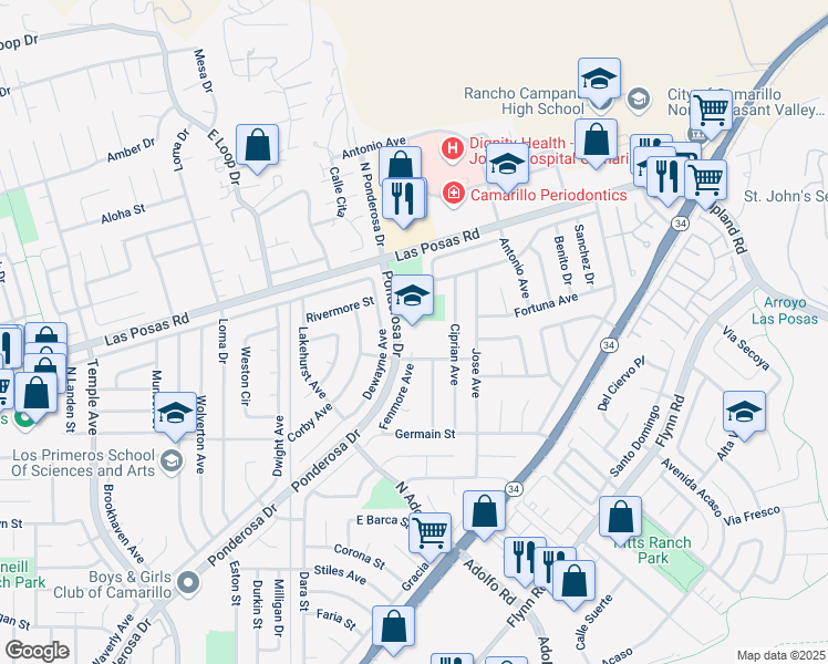 map of restaurants, bars, coffee shops, grocery stores, and more near 3635 Appian Way in Camarillo