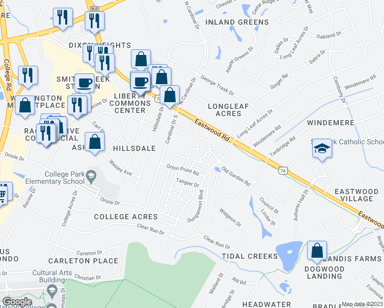 map of restaurants, bars, coffee shops, grocery stores, and more near 5209 Old Garden Road in Wilmington