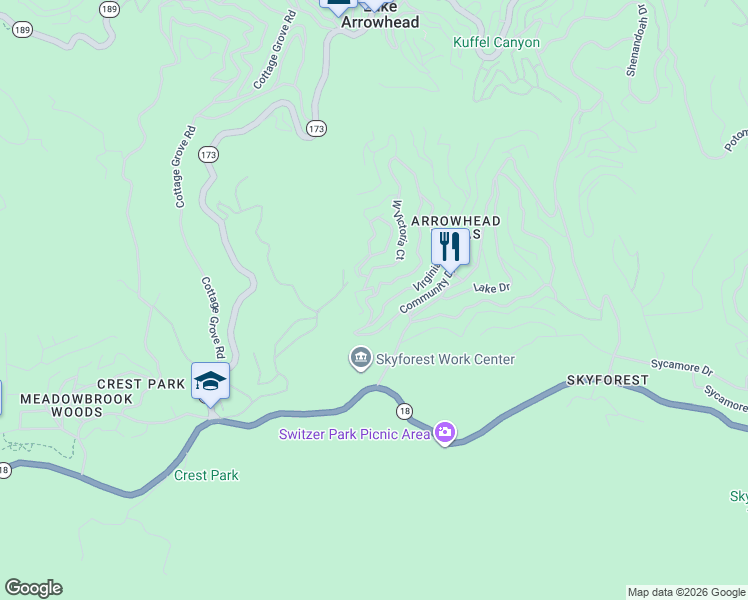 map of restaurants, bars, coffee shops, grocery stores, and more near 833 East Victoria Court in Lake Arrowhead