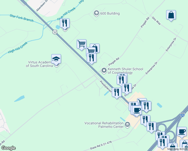 map of restaurants, bars, coffee shops, grocery stores, and more near 2326 State Road S-21-112 in Florence