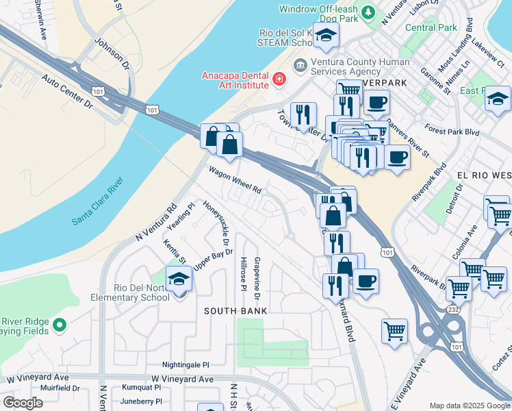 map of restaurants, bars, coffee shops, grocery stores, and more near 605 Winchester Drive in Oxnard