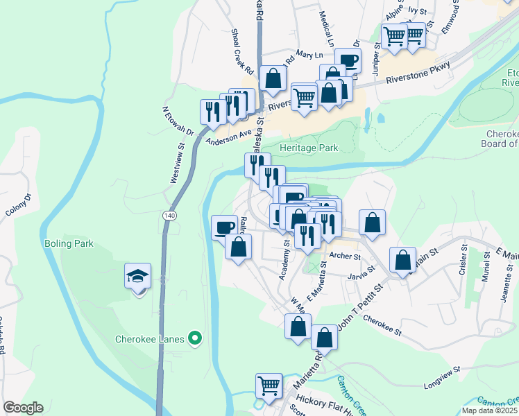 map of restaurants, bars, coffee shops, grocery stores, and more near 42 Riverdale Circle in Canton