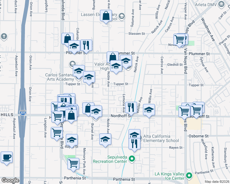 map of restaurants, bars, coffee shops, grocery stores, and more near 15034 Romero Place in Los Angeles