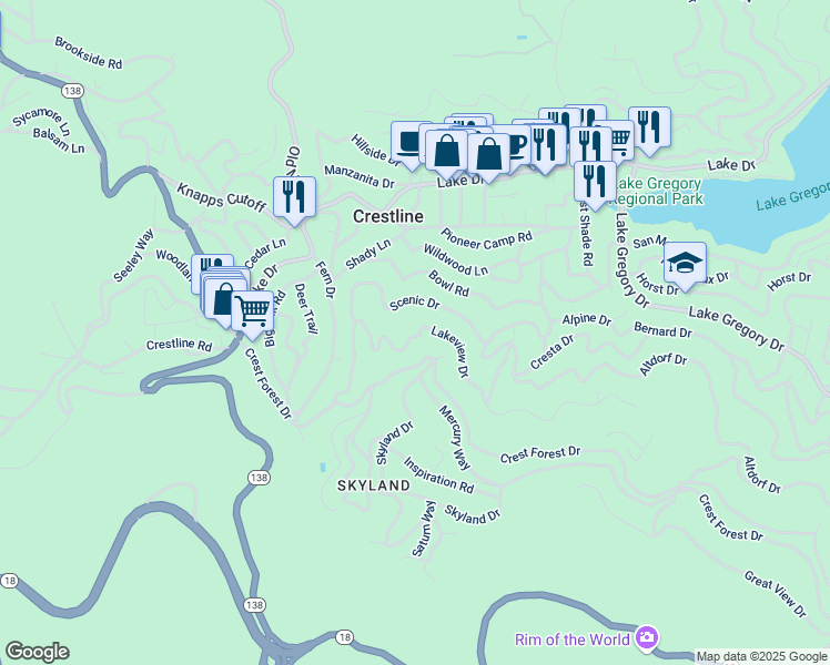 map of restaurants, bars, coffee shops, grocery stores, and more near 23776 Lakeview Drive in Crestline