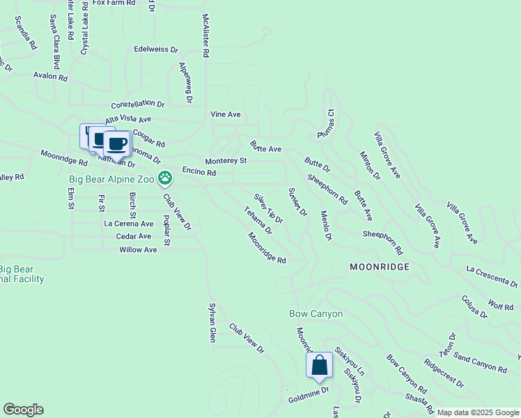 map of restaurants, bars, coffee shops, grocery stores, and more near 758 Silver Tip Drive in Big Bear Lake