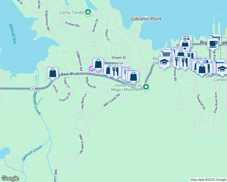 map of restaurants, bars, coffee shops, grocery stores, and more near 40177 Highland Lane in Big Bear Lake
