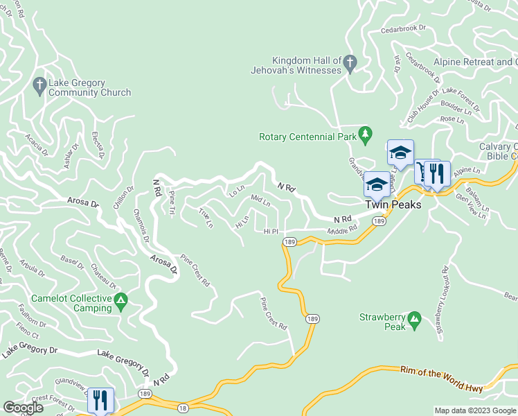 map of restaurants, bars, coffee shops, grocery stores, and more near 25616 Hi Lane in Twin Peaks