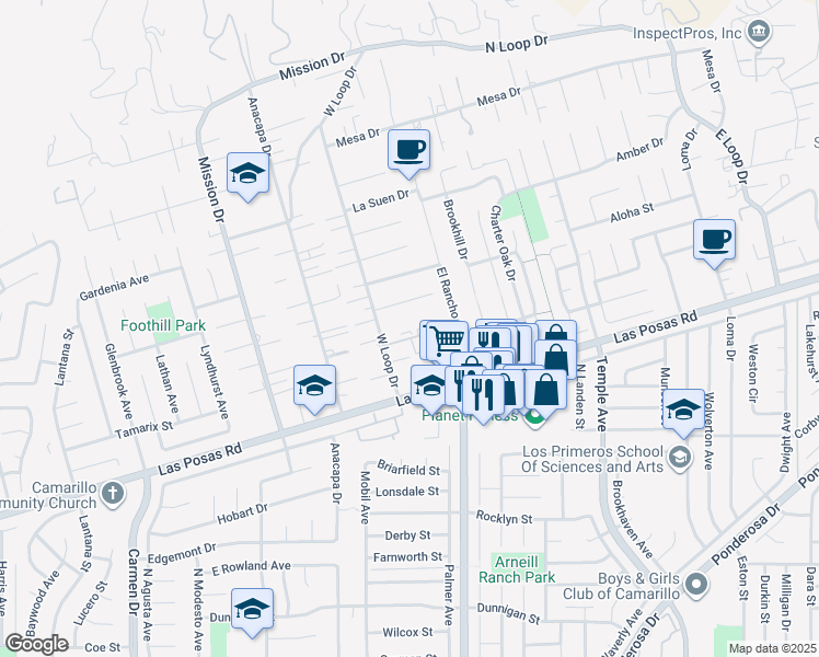 map of restaurants, bars, coffee shops, grocery stores, and more near 2229 Camilar Drive in Camarillo