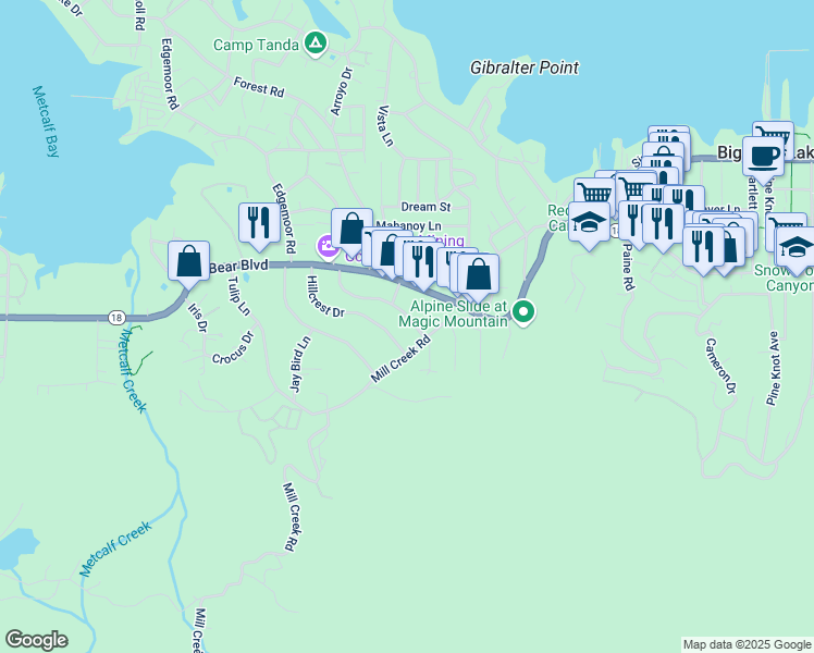 map of restaurants, bars, coffee shops, grocery stores, and more near 40177 Highland Lane in Big Bear Lake