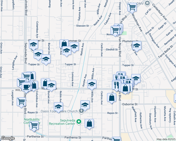 map of restaurants, bars, coffee shops, grocery stores, and more near 9250 Kester Avenue in Los Angeles