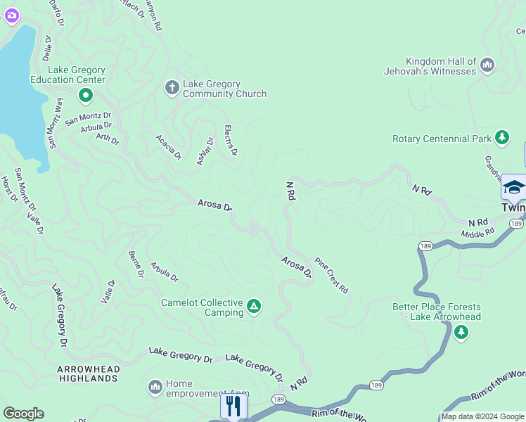 map of restaurants, bars, coffee shops, grocery stores, and more near 830 Chamois Drive in Crestline
