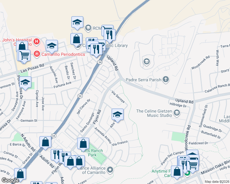 map of restaurants, bars, coffee shops, grocery stores, and more near 2008 Las Estrellas Court in Camarillo