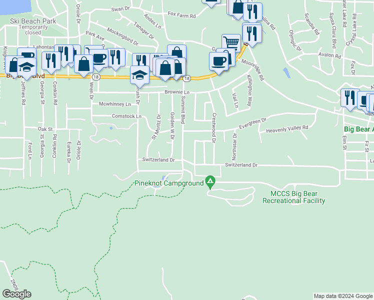 map of restaurants, bars, coffee shops, grocery stores, and more near 775 Summit Boulevard in Big Bear Lake