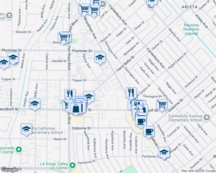 map of restaurants, bars, coffee shops, grocery stores, and more near 14265 Terra Bella Street in Los Angeles