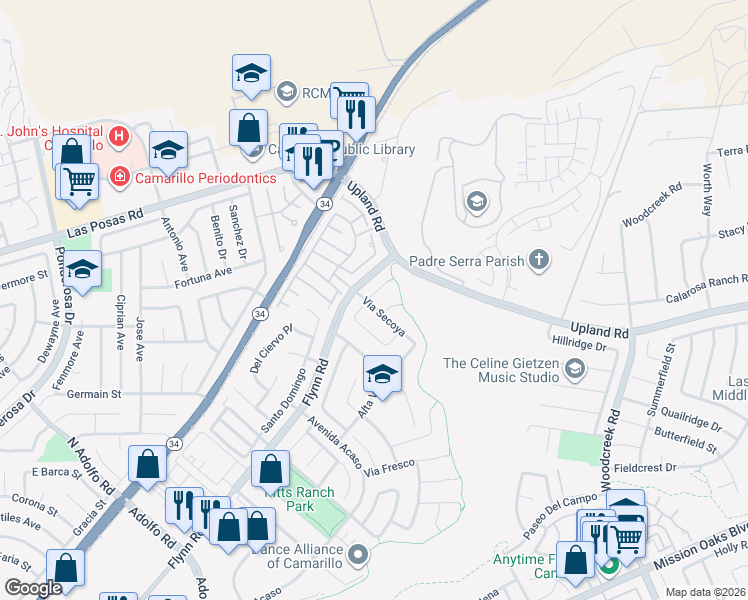 map of restaurants, bars, coffee shops, grocery stores, and more near 2008 Las Estrellas Court in Camarillo