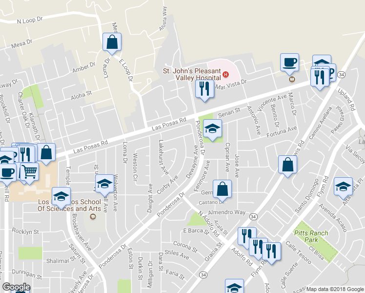 map of restaurants, bars, coffee shops, grocery stores, and more near 3591 Corby Avenue in Camarillo