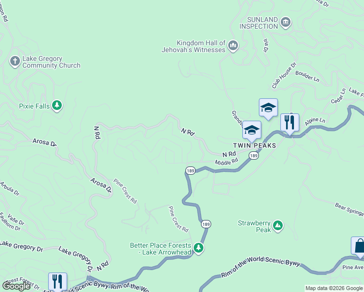 map of restaurants, bars, coffee shops, grocery stores, and more near 25670 Mid Lane in Twin Peaks