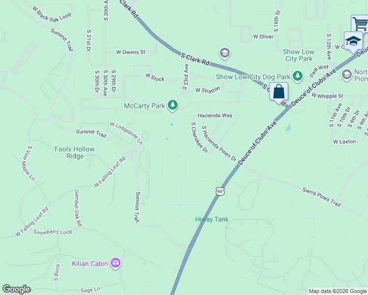 map of restaurants, bars, coffee shops, grocery stores, and more near 2360 West Zuni Court in Show Low