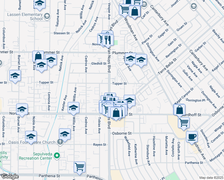 map of restaurants, bars, coffee shops, grocery stores, and more near 9248 Van Nuys Boulevard in Los Angeles