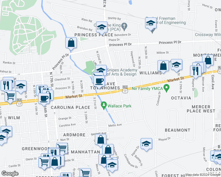 map of restaurants, bars, coffee shops, grocery stores, and more near 6 Saint Marys Place in Wilmington